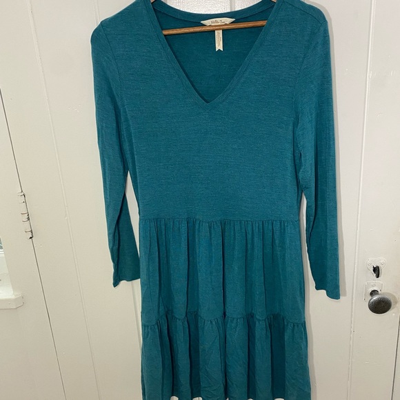 MATILDA JANE Tiered Knit Dress‎ Teal Modal Long Sleeves Vneck Boho Cottagecore S - Picture 2 of 10